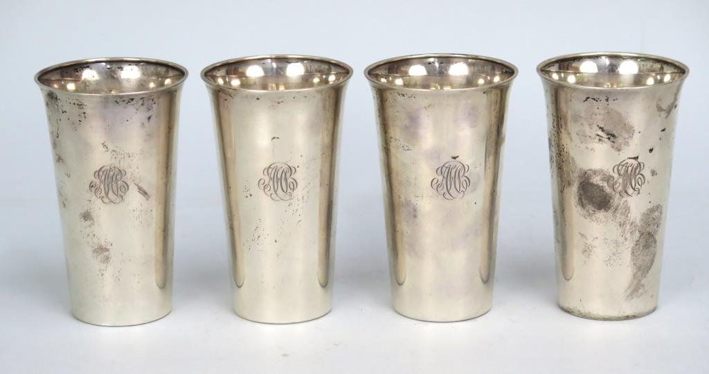 Set of 4 Sterling Silver Beakers: Set of 4 Sterling Silver Beakers Monogrammed. Made for Shreve, Crump, and Low. 4.875H. 14 troy oz."