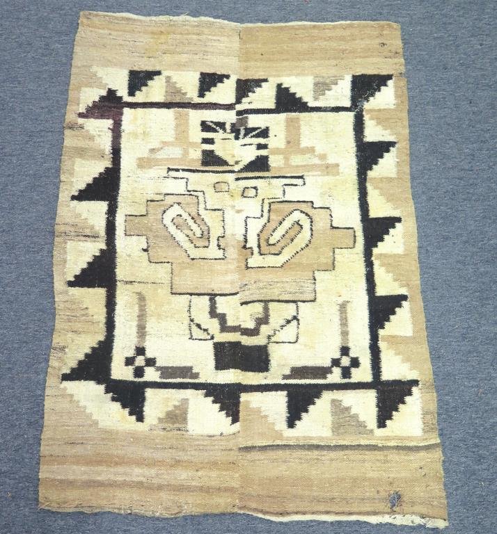 Tribal Kilim Rug - 4' 2 X 6'": Tribal Kilim Rug - 4' 2 X 6'" Figured and geometric design. Stains and holes. (650 Park Avenue Estate)