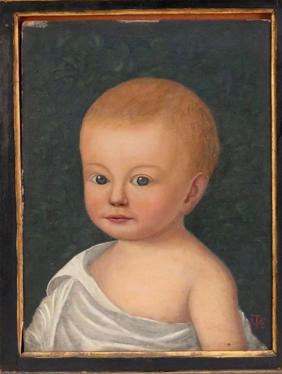Signed (Initialed) Illegibly - Oil on Board: Signed (Initialed) Illegibly - Oil on Board Oil portrait of an infant. Initialed lower right. In an antique gilt and painted frame. Note: painting is not on back panel. 12 X 9" (21" X 17"). (650 Park 