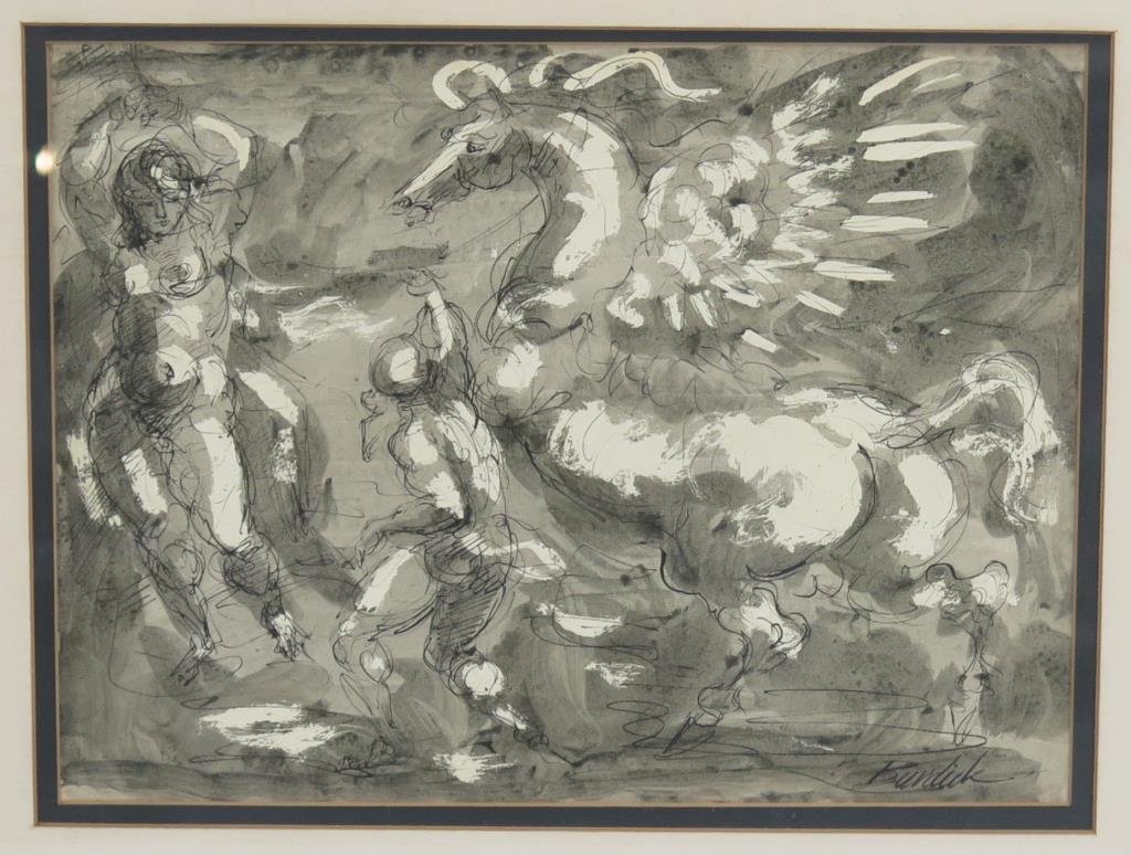 Charles Burdick (b. 1924) - Watercolor: Charles Burdick (b. 1924) - Watercolor Horse with figures. Signed lower right. 8.5 X 11.5" (15" X 18"). (650 Park Avenue Estate)"