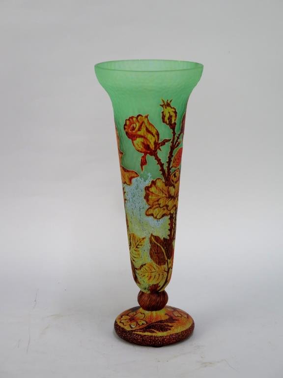 Daum Nancy Style Cameo Glass Vase: Daum Nancy Style Cameo Glass Vase Autumn colors on green textured glass. 6D X 15"H"