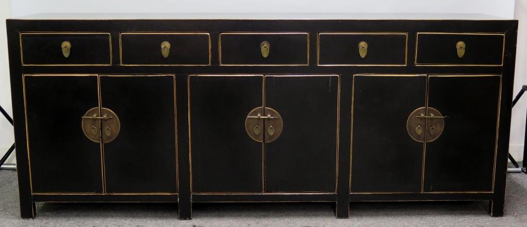 Art Deco Ebonized Credenza: Art Deco Ebonized Credenza 5 drawers with brass tear drop pulls over three cabinets with brass pin locks. Some wear consistent with use. Drawer furthest to the right does not open. Center cabinet has 