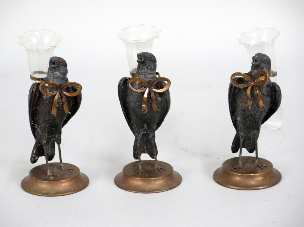Set of 3 Whimsical Mixed Metal Bud Vases: Set of 3 Whimsical Mixed Metal Bud Vases Birds with ribbons holding glass vases. 6H ea. (650 Park Avenue Estate)"