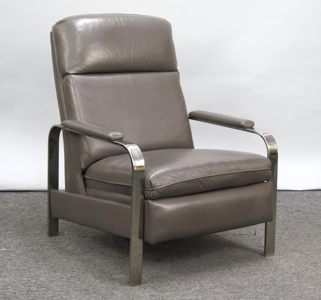 Chrome and Gray Vinyl Reclining Chair: Chrome and Gray Vinyl Reclining Chair Frame appears to be loose and needs tightening. Slight scratches here and there. 27W X 34"D (56"D Extended) X 38"H. (From a Forest Hills Gardens Home.)"