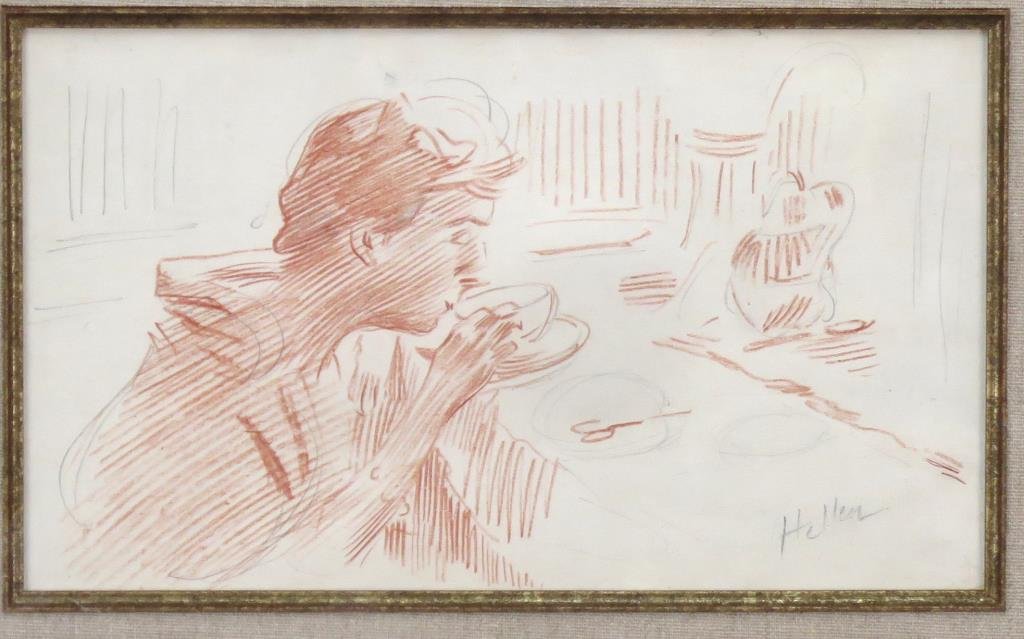Attr: Paul Cesar Helleu (French, 1859-1927): Attr: Paul Cesar Helleu (French, 1859-1927) Her Breakfast Coffee," pencil and red chalk on laid paper, signed lower right. 7.5" H X 12.5" W (16" X 20.5"). With photocopy of appraisal from Francine Leg