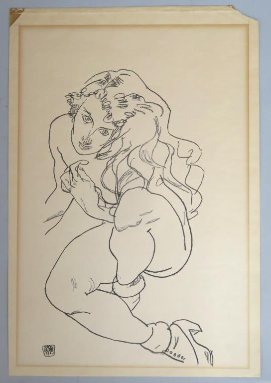 Egon Schiele Print - Study of a Woman: Egon Schiele Print - Study of a Woman Study of a woman. Signed on plate lower left. Old glue marks on top front and verso, torn upper right corner. 18 X 12.25""