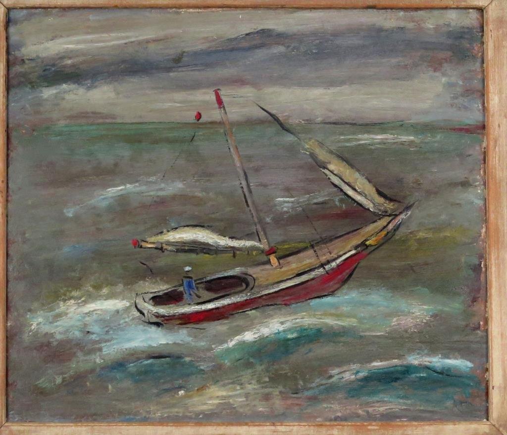 Edward Rosenfeld (American, 1906-1983)- Oil: Edward Rosenfeld (American, 1906-1983)- Oil Sailboat, signed lower right. 19 H X 21.5" W (26" X 29.5"). Previously loaned to Washington County Museum of Fine Art. (Estate of Dr. Daniel Lovette, Camp H