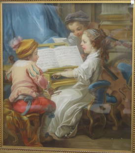 School of Carle van Loo - Gouache: School of Carle van Loo - Gouache Gouache on paper, a music lesson with three children. Spot damages on lower part and one upper. Signed lower middle. 32.5 X 29 (39 X 35 )