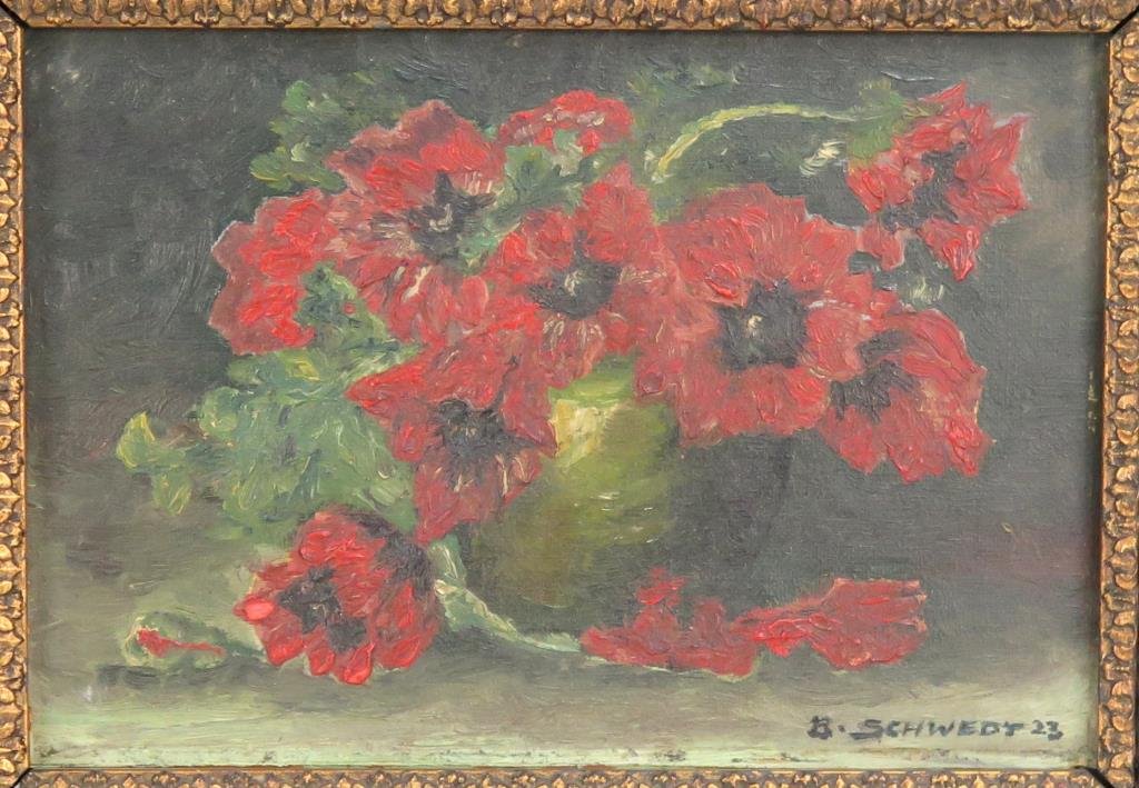 Signed B. Schwedt - Oil on Board: Signed B. Schwedt - Oil on Board Floral still life. Signed lower right, dated 1923. 5.5 X 8 (10.5 X 13 ). (650 Park Avenue Estate)