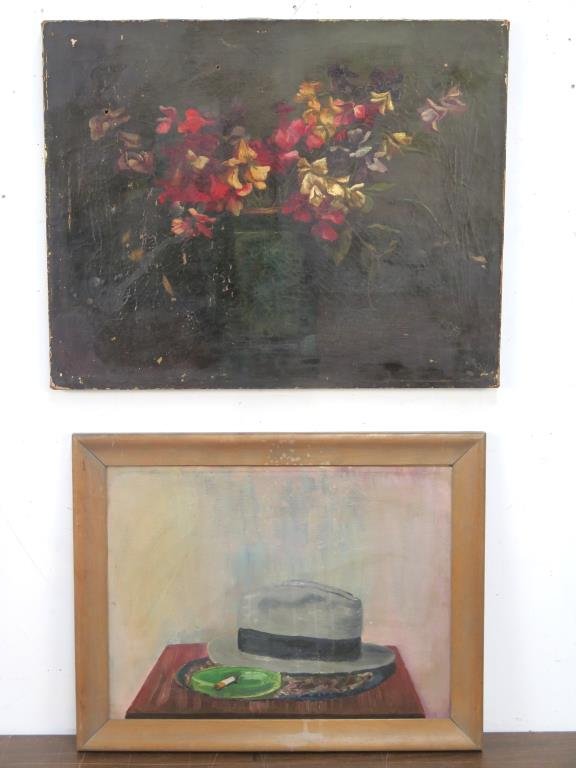 2 Oil Paintings: 2 Oil Paintings Victorian style flowers, on canvas (as is). AND table still life oil on board (WPA School). Both as is. Larger: 16 X 20