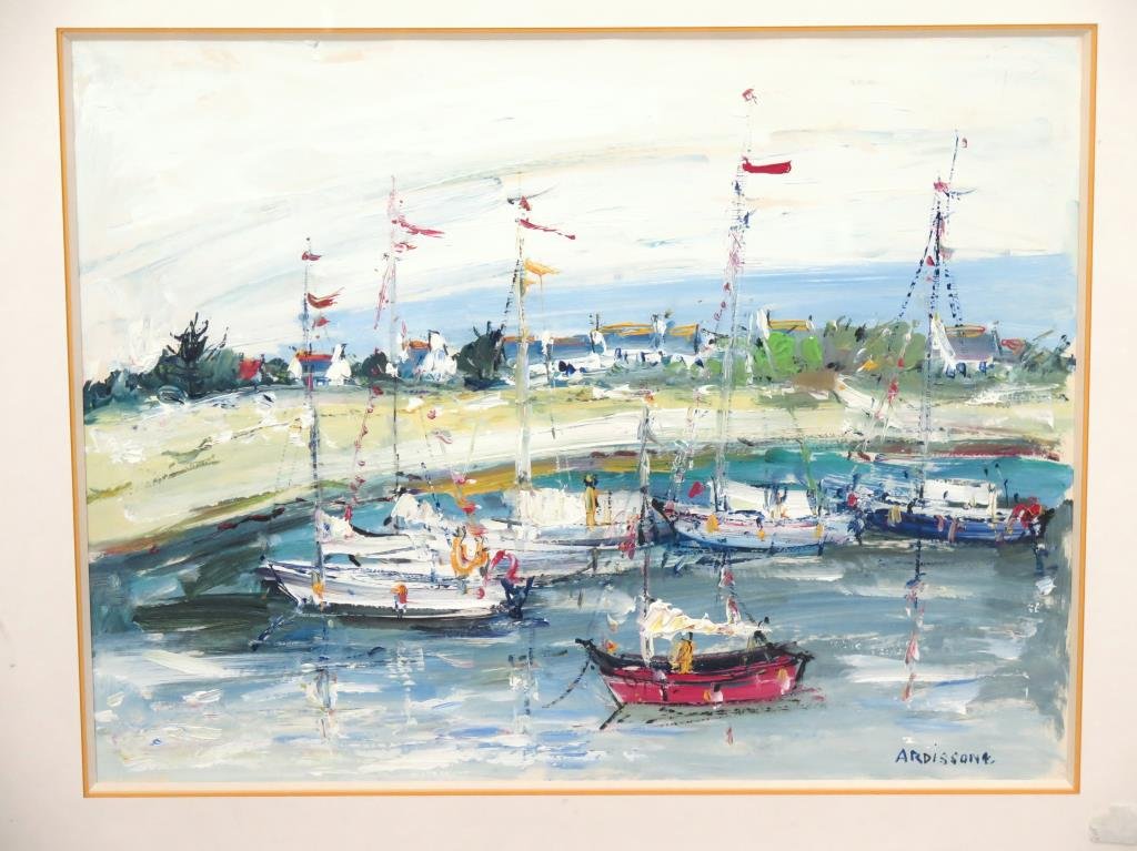 Yolande Ardissone (French, b. 1927): Yolande Ardissone (French, b. 1927) Oil on paper. Shore scene with sailboats. Signed lower right. 19 X 24.5 (26 X 32 )