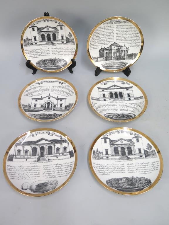 Set of 6 Fornasetti Place Plates: Set of 6 Fornasetti Place Plates By Winterling. Made in Italy, Specialita Vicentine, circa 1966 (one duplicate). 9.5Dia.