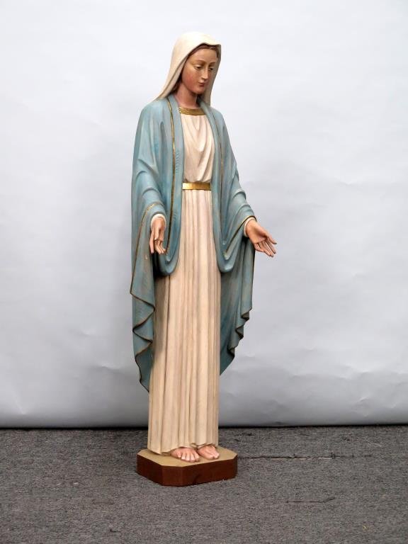 Italian Painted Wood Statue of the Virgin Mary: Italian Painted Wood Statue of the Virgin Mary All carved wood. Detailed face, hands and robe. Chips, some wear, markings. As is. 15.5"W X 12"D X 48"H