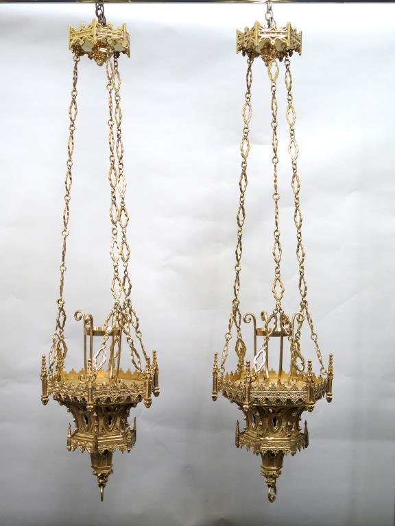 Pair Gothic Style Brass Sanctuary Lamps (1 of 5)