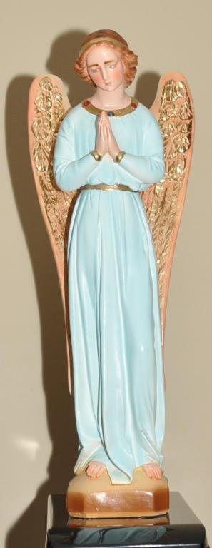 3 PLASTER CHURCH ANGELS: THREE PLASTER CHURCH ANGELS. ABOUT 14 YEARS OLD. BRAND NEW HAVE BEEN IN STORAGE ALL THIS TIME. EACH IS ABOUT 21” TALL. ALL HAND CAST AND HAND PAINTED.