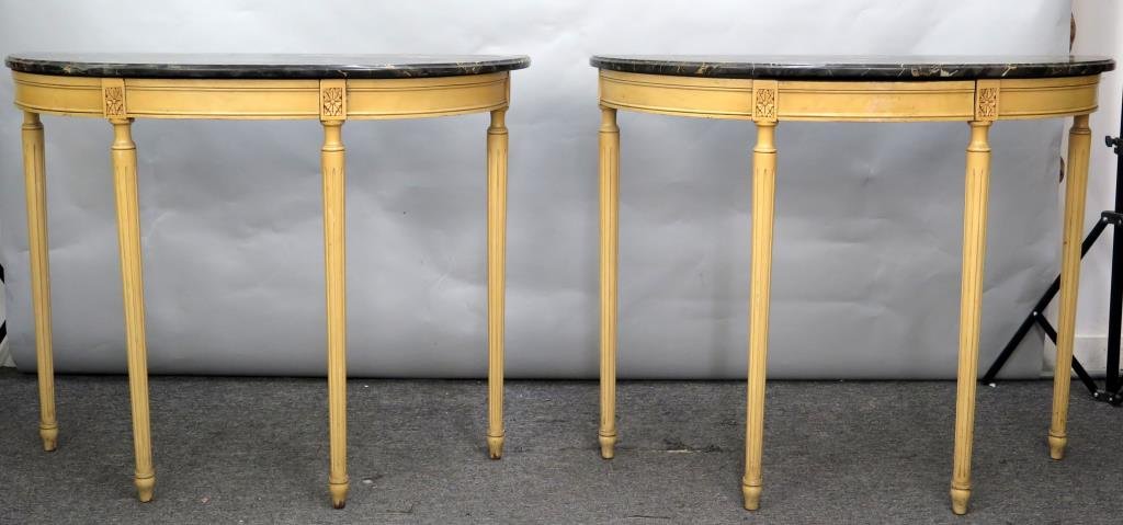 Pair Marble Top Demilune Consoles (1 of 4)