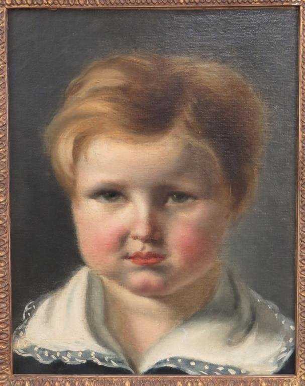 Unsigned - Oil on Canvas: Portrait of a boy. Notations on back of frame. 11" X 9" (16.5" X 14"). Provenance: Tepper Galleries April 2007.