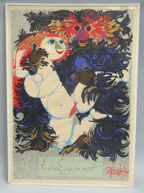 Bjorn Wiinblad (Danish, 1918-2006) - Serigraph: Fusind og en naf" (roughly translated to "A Thousand and One Nights"). Stylized female nude embraced by bird-like figure. Some foxing in lower right. 28" X 40