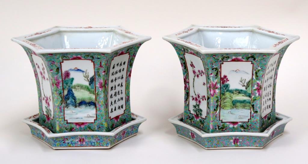 Pair Chinese Porcelain Hexagonal Planters (1 of 5)