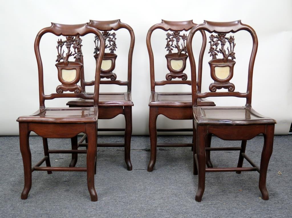 Set of 4 Chinese Carved Side Chairs (1 of 9)
