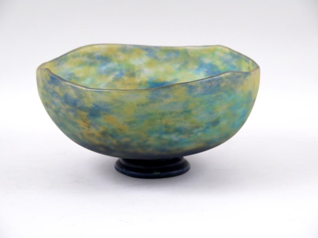 Daum Nancy Art Glass Bowl: Scalloped uneven rim on a blown round base, signed on downslope. Surface scratches. 11 dia X 6"H."