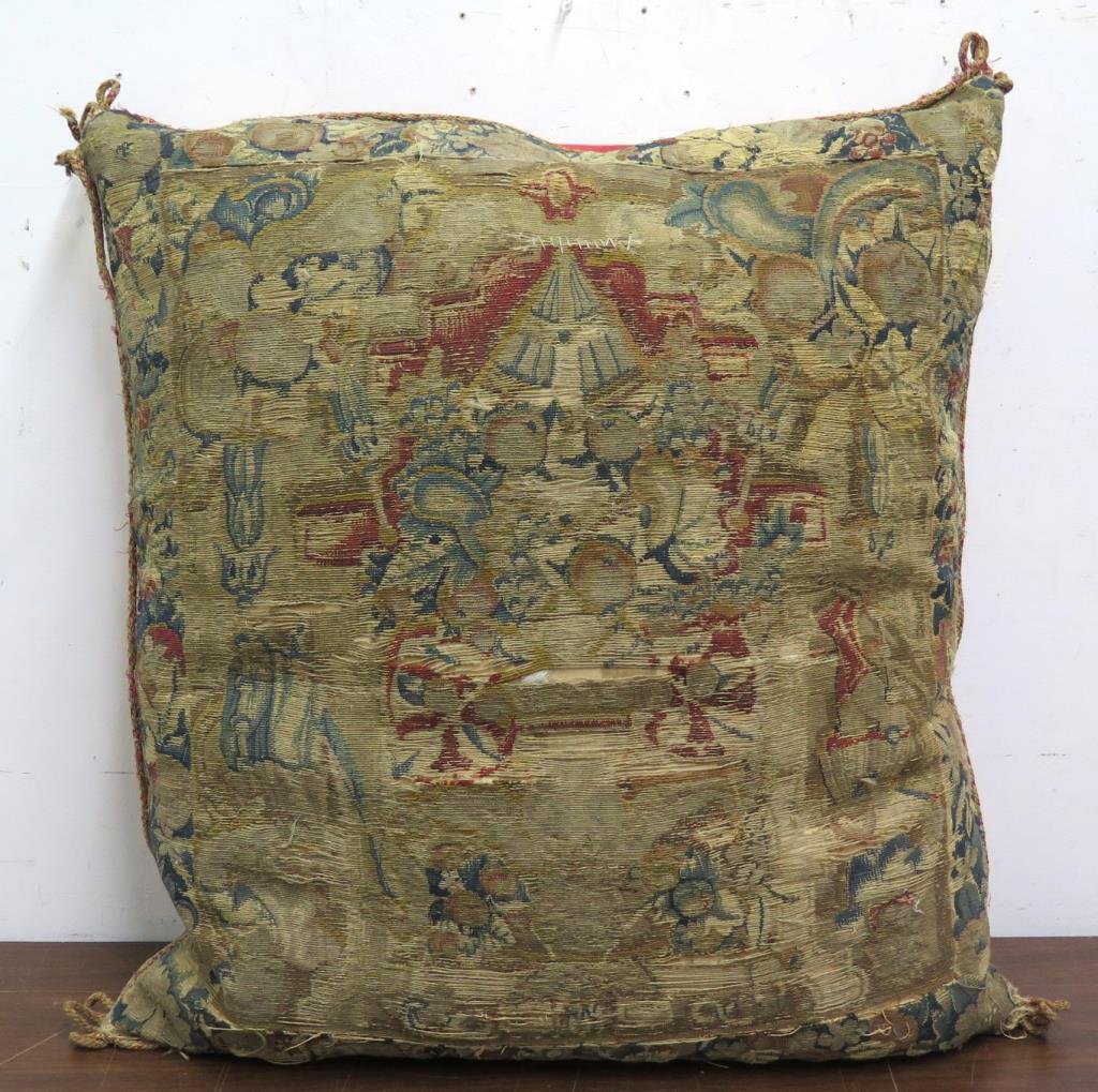 Aubusson Pillow: Basket of fruit design. As is, as was. 20 Sq."