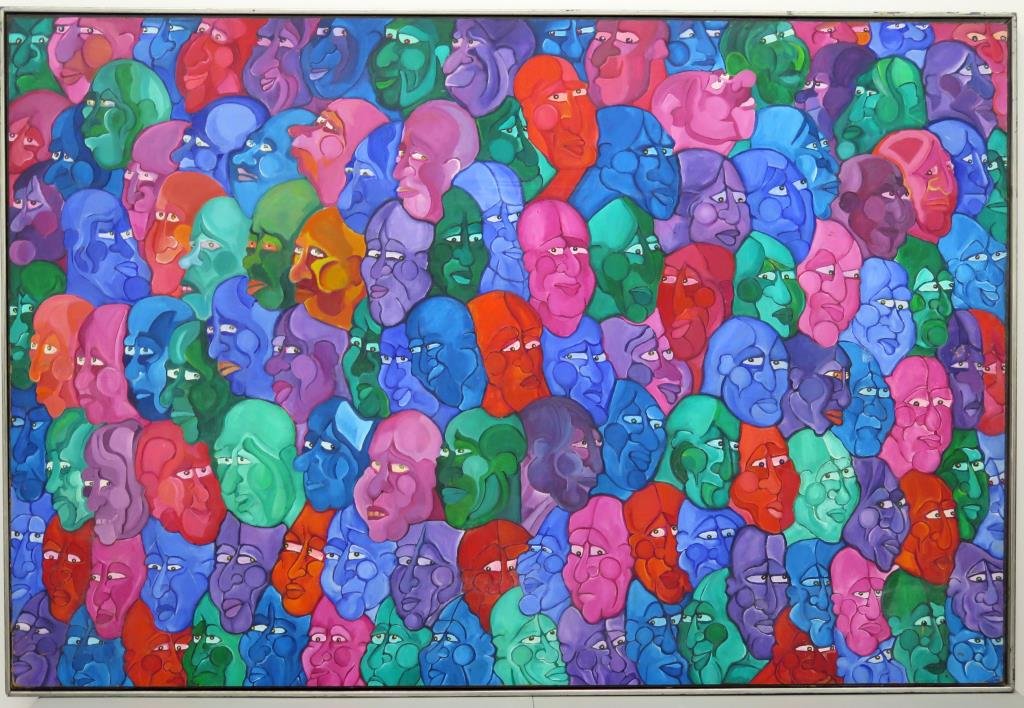 Sue Wolk (Unknown) - Oil on Masonite: Study of faces of different expressions. Signed lower right and dated '70. 48 X 72" (49.5" X 73.5") Some chipping and rubbing."