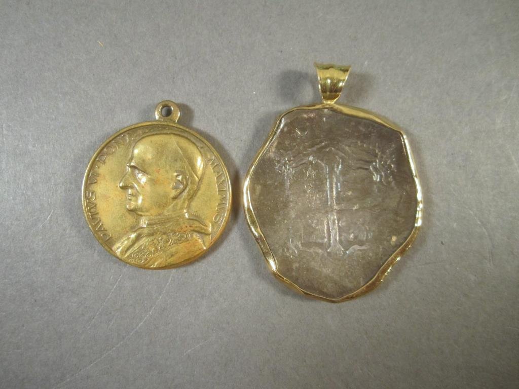 2 Coins - Italian Pope and Greek Antique (?): Greek in gold mount.