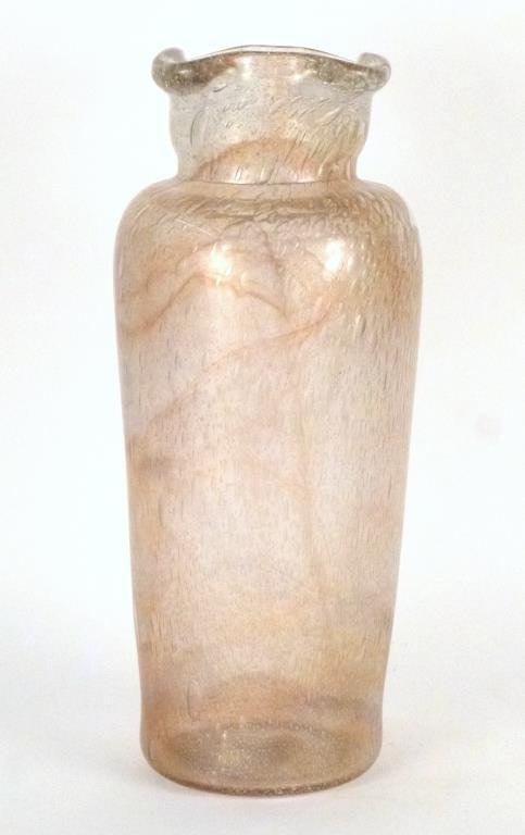 Charles Schneider Tall Art Glass Vase: Ruffle rim top over a blown vase with bubbles and a light tan coloring with a slightly pinched base. Signed in frost SCHNEIDER and lightly viewed FRANCE on bottom. 10 dia X 24"H. (From an East 79th St