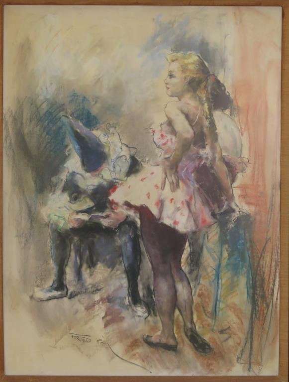 Pal Fried (American/ Hungarian 1893-1976): Pastel on paper. Circus performers at rest, with clown reading book. Framed under textured protective glass. 39.5 X 29.5" (43" X 34"). Certificate of Authenticity available."