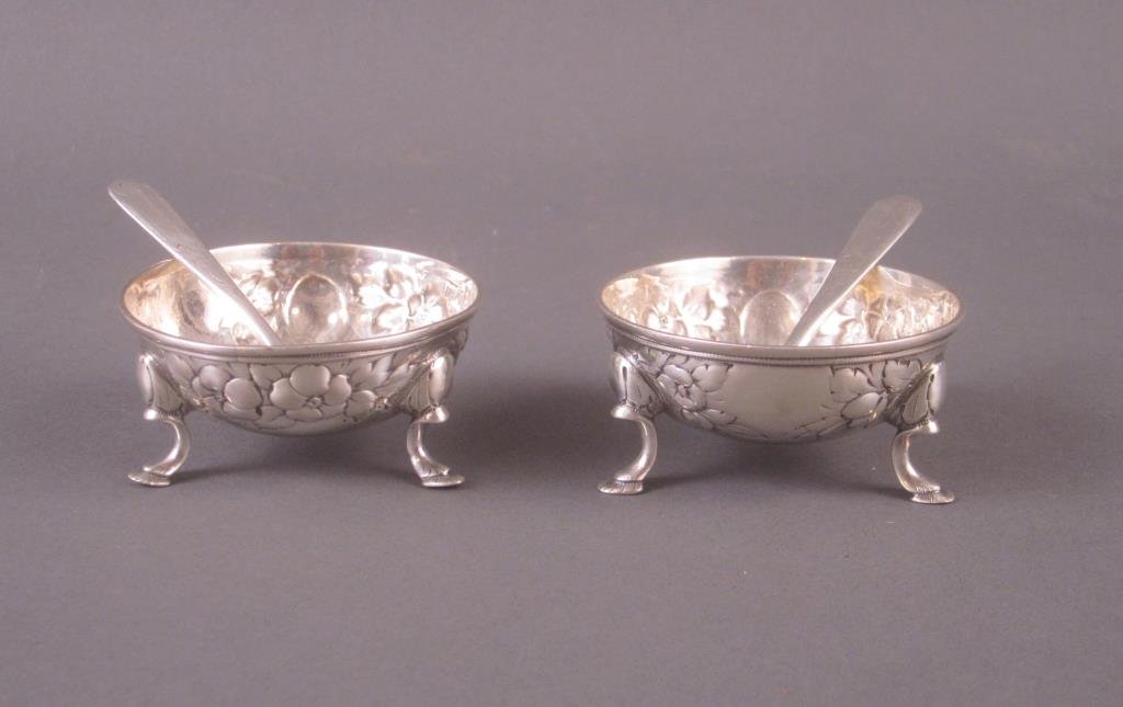 Pair S. Kirk & Son Open Salts: Sterling with spoons. 79 grams. 2.5"Dia.