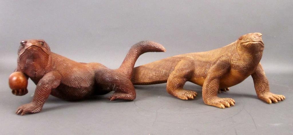 2 Balinese Carved Iguanas (as is): Lighter and darker woods. One with two toe losses. 21" long X 8"W X 7"H (larger)