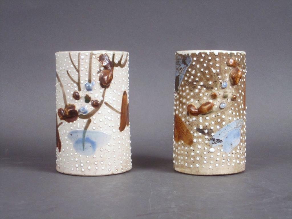 2 Chinese Porcelain Brush Washers: Enameled and glazed with all over dimple designs. Wax seals on base. Age crack. 2.5"Dia. X 4"H