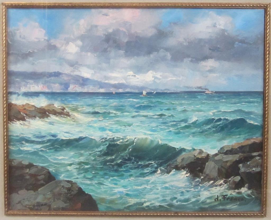Signed di Franco - Oil on Canvas: Rocky coastal scene with ships. Signed lower right, framed under glass. 15.5 X 19.5" (24" X 27")"