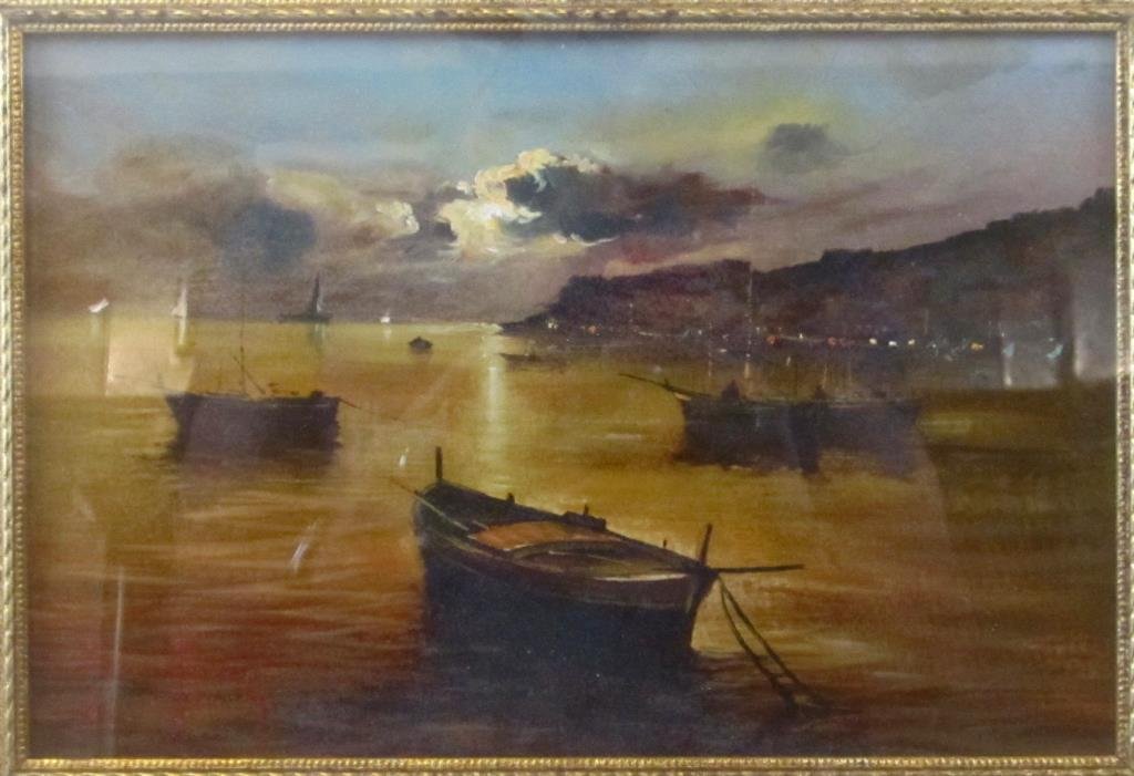 Andrea Patrisi (Italian b. 1954) - Oil on Board: Harbor scene at sunset. signed lower left framed under glass. 8 X 11.5" (15" X 19")"