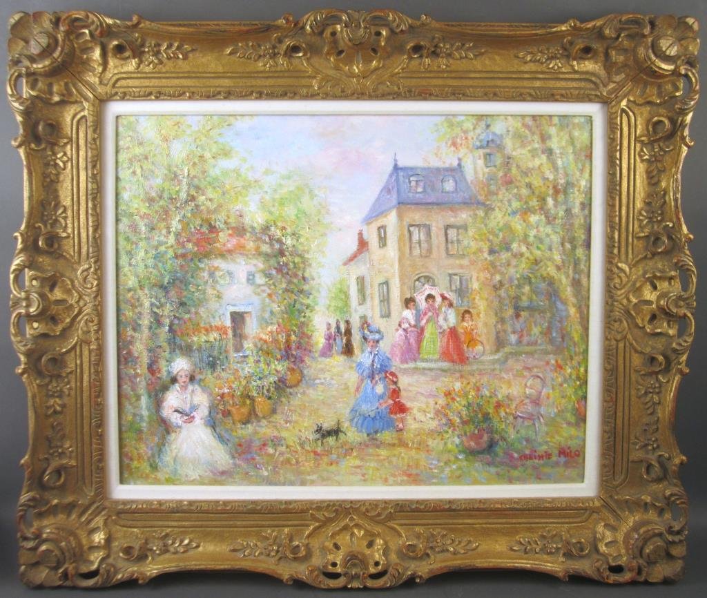 Christie Milo - Oil on Canvas: French street scene. Signed lower right. Gilt carved frame. 21.5 X 27.5" (32" X 38")"