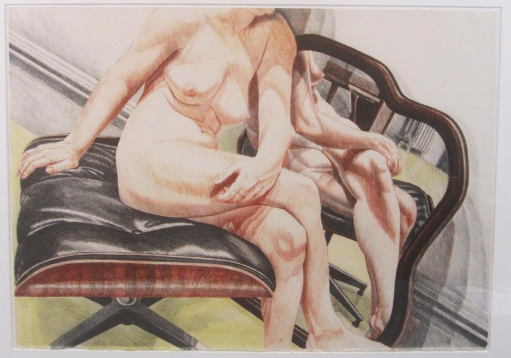 Philip Pearlstein - Lithograph: Nude woman on Eames ottoman. Signed lower left 14 / 125 with raised seal. 20 X 28" (27" X 35")"