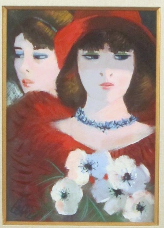 Charles Levier - Oil on Canvas: Study of two women. Signed lower left. Illegible title on verso. 14 X 10" (23" X 19")"