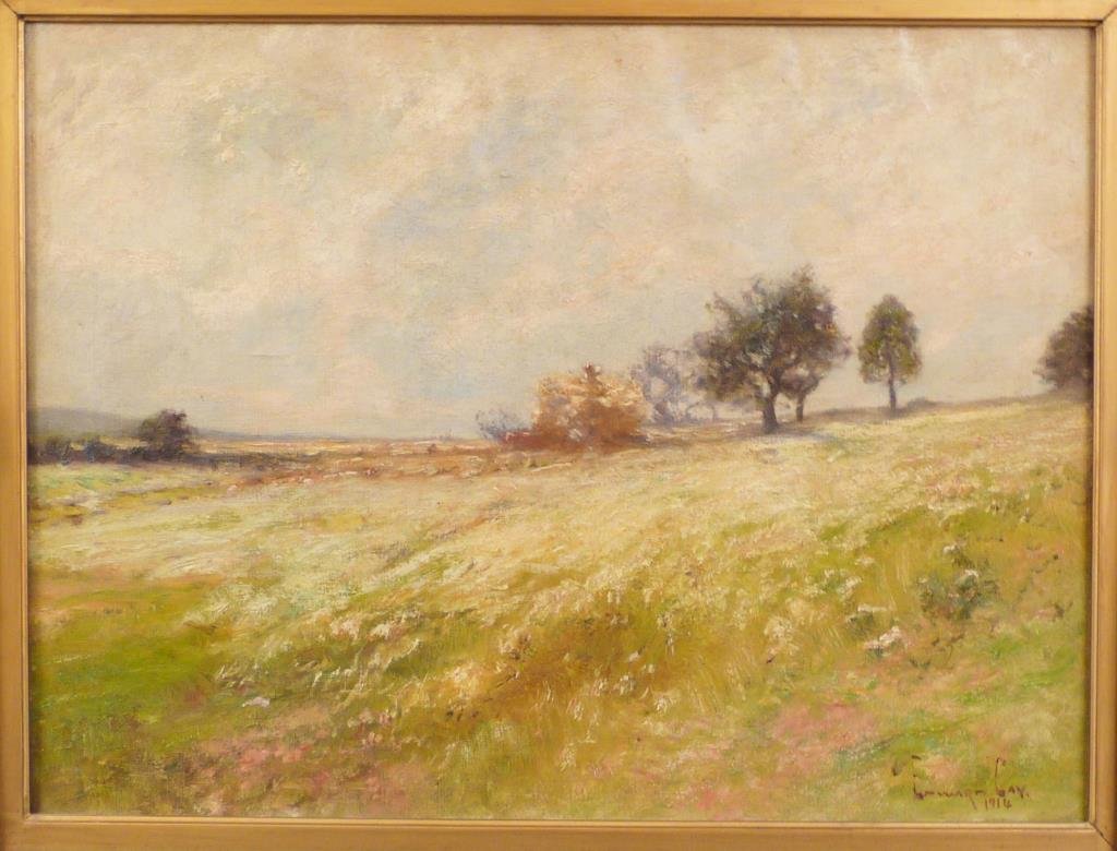 Edward Gay (1837-1928) - Oil on Canvas: Landscape with trees. Signed lower right, dated 1914. One tear to canvas and needs re-stretching. Frame as is. 17.5 X 23.5" (28" X 34")"