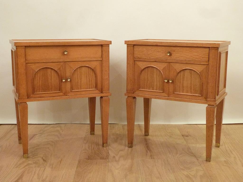 Pair Decaux & Maous Night Tables: Mid-Century. Walnut with one drawer above one door. Bronze accents. Label on underside reads Decaux & Maous Fabricants - Decorateurs 97. Fg St. Antoine, PARIS. 20W X 12"D X 24"H"