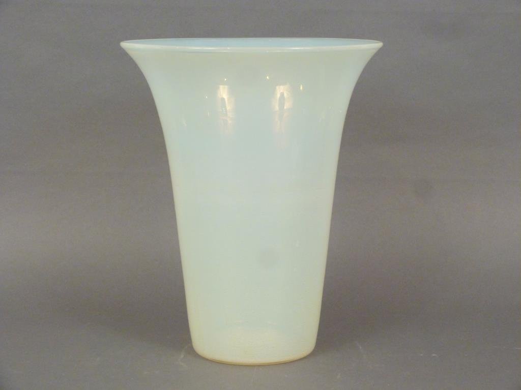 Venini Style Flared Glass Vase: Gilt speckle in milk glass. 9.5Dia. X 12"H"