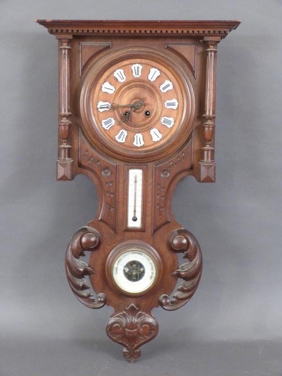 Victorian Style Wall Clock Barometer: Enamel numbers. Cracked glass. Column front design. 18"W X 6.5"D X 31"H. (Estate of Dwain DePaul, Brooklyn, NY)