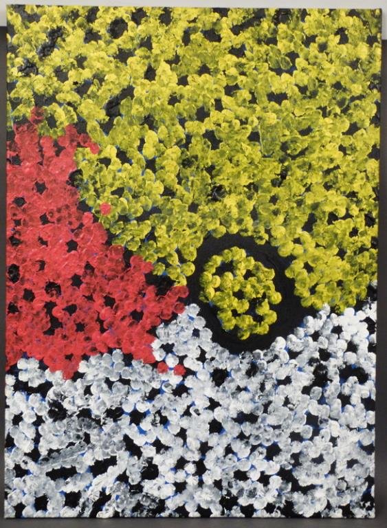 Aboriginal - Lorna Fencer - Oil on Canvas: Oil on canvas - Caterpillar" - pointillist style in yellow, red and white on a black ground. With certificate of authenticity and bio. Circa 2003. Unframed 33.5" X 24""