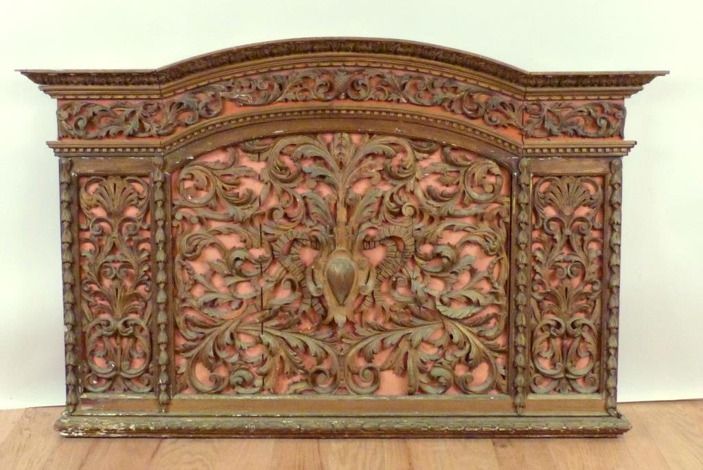 Antique English Carved Panel / Headboard: Silk cloth backing with carved Rococo and ribbon elements. A few cracks, chips, and losses. 70"W X 6"D X 44"H