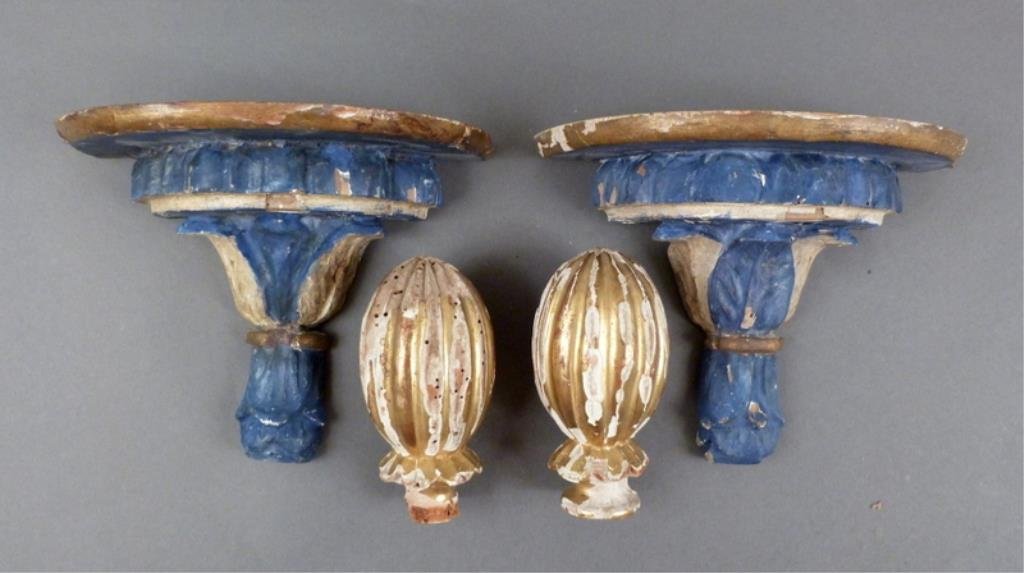 Antique Wood Carved Brackets and Finials: Painted and gilt carved. Brackets 8"W X 4" X 6"H repaired. And finials 7"H
