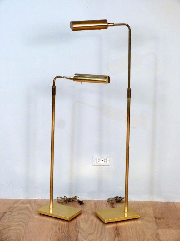 Pair Koch and Lowy Brass Floor Lamps: Adjustable heights, weighted. 35"-47" high.
