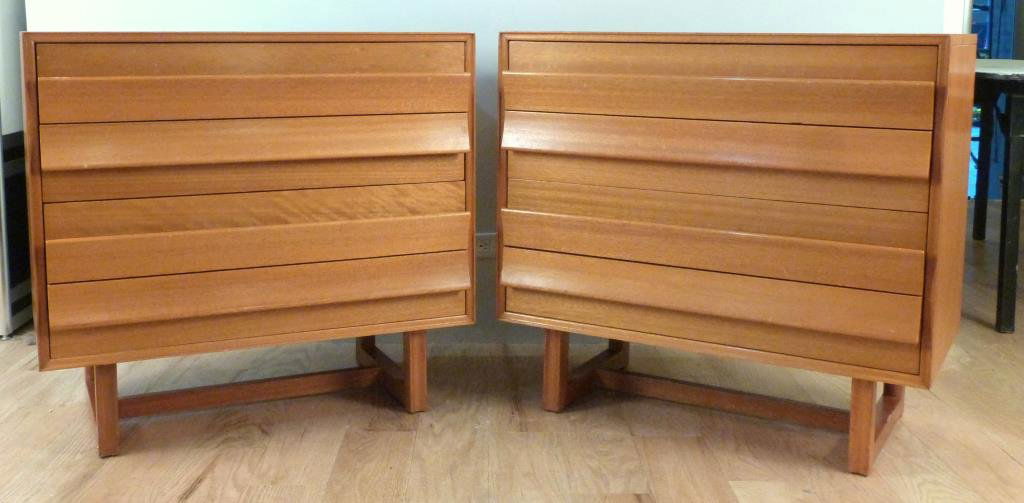 Pair Paul Lazlo Mid Century Chests: Paul Laszlo for Brown-Saltman (label in interior top drawer). One is an original 4 drawer chest. One has been retro-fitted to be 2 large double drawers. 36W X 18"D X 33.5""