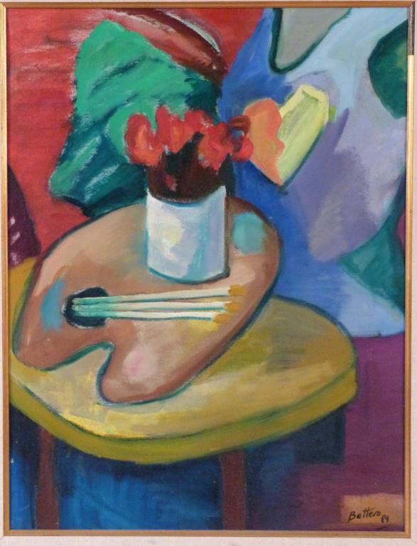 Daniel Bottero (Argentinian b. 1950) - Oil: Oil on canvas. Table still life with flowers and painters palate. Signed lower right and dated 1989. Gallery label on verso. 29.5 X 22.5" (37" X 30")."