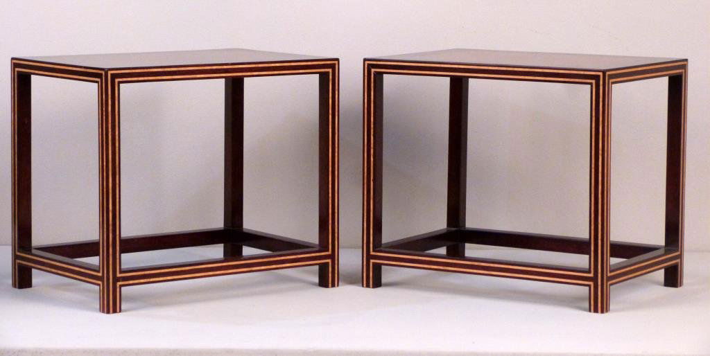Pair De Coene Decor for Peter Marino Small Stands: Diminutive tables with burl and inlaid veneers. Labeled made for Peter Marino New York by De Coene Decor Kortrijk Belgium. One with stain and tape as shown. 14W X 10"D X 12"H"