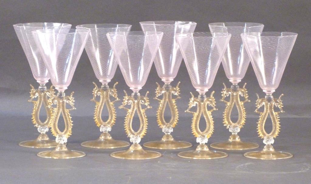 Set of 8 Seguso Murano Glass Stems: Pink swirl top with seahorse form stems and gilt painted base. All signed on base. 4Dia. X 8.5"H"